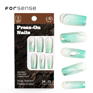 Venta al por mayor de cobertura completa, prensa cuadrada larga en las <span class=keywords><strong>uñas</strong></span> con diseño de <span class=keywords><strong>uñas</strong></span> artificiales de color verde claro, palo estético único en las puntas de las <span class=keywords><strong>uñas</strong></span> - Product Image 1