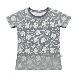 T-shirt à col rond en coton pour enfants, imprimé floral gris, inspiré du style Block Print, décontracté, à manches courtes, pour garçons et filles - Product Image 1