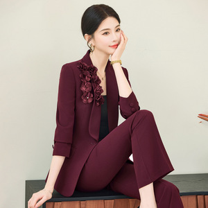 French Plus Size Red Suit Set Women 2026 New Style Floral Jacket Flared Pants Two Piece Work Casual Spring Polyester Fiber - Product Image 4