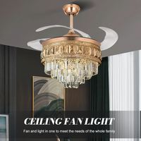 Ventilateur de plafond moderne avec lumière, télécommande, pales rétractables en ABS, moteur à LED et couvercle en cristal, intensité réglable