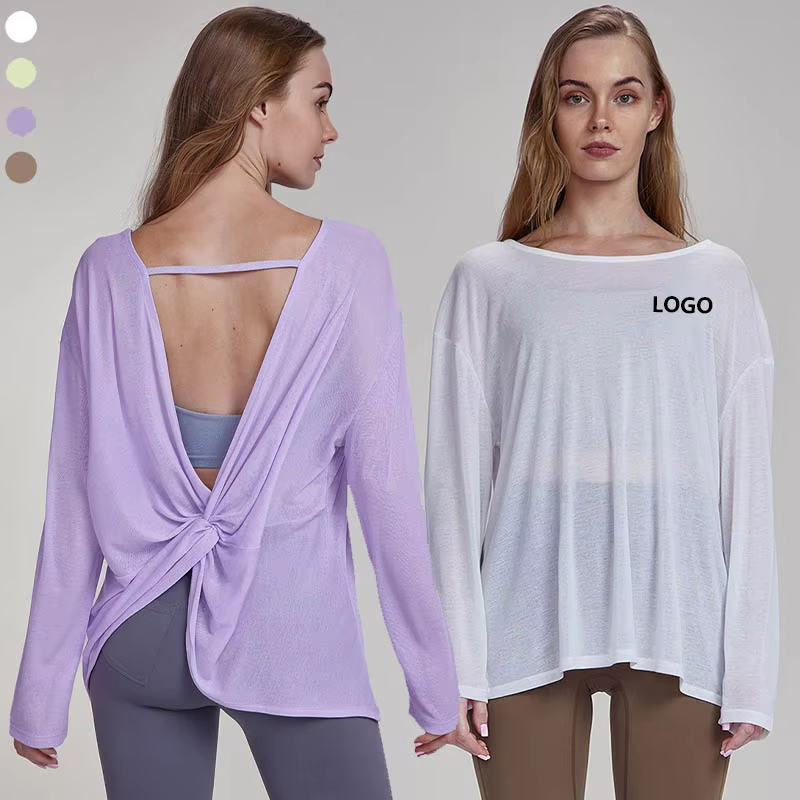 New Arrival Long Sleeve Sports Top Loose Backless Gym Fitness Sportswear Cross Back Strength Training Yoga Top
