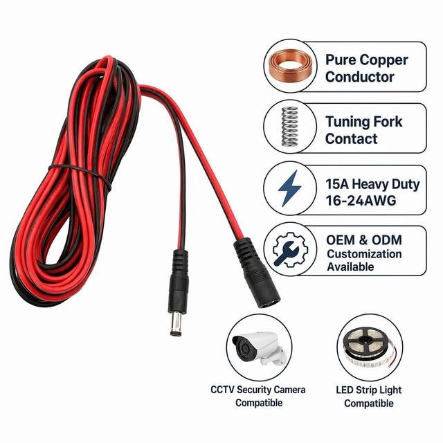 DC 5.5x2.1mm Male Female Barrel Jack Extension Power Cable for CCTV Security Camera LED Strip