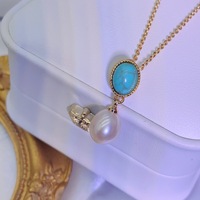 Cadeau pour la fête des mères, ensemble de bijoux en perles d'eau douce pour femme, plaqué or, pierre précieuse naturelle turquoise/collier/boucles d'oreilles/clous d'oreilles