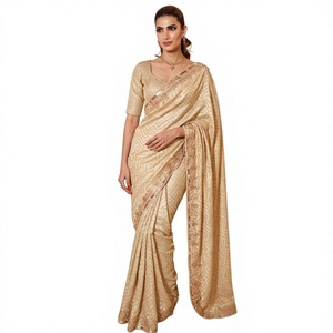 Elegante Saree de Seda Beige con Borde Bordado, Traje Formal de Boda para Mujer, Estilo India-Pakistán - Product Image 1
