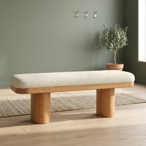 Modern Japandi Teak Accent <b>Bench</b> Boucle Fabric Entryway Stool Lowprofile Bedroom Footstool <b>Set</b> - Product Image 3