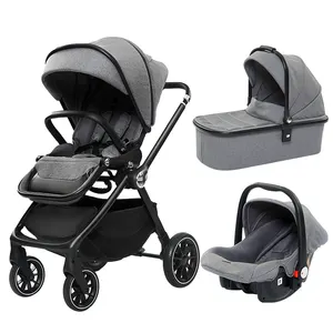 Latest Design 3-in-1 Baby Stroller Travel System Linen Foldable Pram Reversible Car Seat Pushchair 0-3 Years High Quality