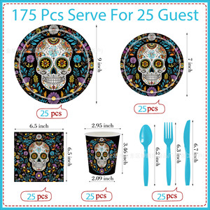 Halloween Skull Flower Themed <b>Disposable</b> Tableware Set Party Supplies Paper <b>Plates</b> Cups Napkins Cutlery Kit - Product Image 2
