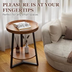 Table d'appoint ronde avec étagère <span class=keywords><strong>de</strong></span> rangement, table <span class=keywords><strong>de</strong></span> chevet à 2 niveaux <span class=keywords><strong>de</strong></span> style farmhouse pour salon, plateau en bois et structure en métal noir - Product Image 5