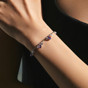 S925 Silver Chain <b>Bracelet</b> With Amethyst And Round Crystal Rhinestones Claw Setting Classic Style Women's Everyday Wear Jewelry - Product Image 4