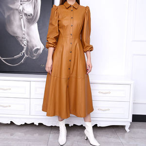 <span class=keywords><strong>Vestido</strong></span> de <span class=keywords><strong>Cuero</strong></span> Genuino de Lujo para Mujer, Estilo Camisero, con Mangas Abullonadas, Cuello Camisero, Corte Midi, Cierre de Botón Sencillo - Product Image 5