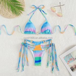 Bikini Sexy Pequeño con Diseño Único, Estampado y Rayas, Sujetador Push-Up, Traje de Baño y Ropa de Playa con Flecos - Product Image 1