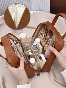 Large Capacity PU Leather Double Zipper Portable Cosmetic Bag Maillard Retro Style Waterproof Antifouling <b>Storage</b> - Product Image 5