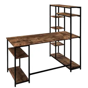 NBHY Industrial Large Home Office Computer Desk Writing Study Table With Open Bookshelves