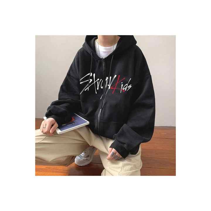 Stray Kids Printed Oversize Zippered Black Unisex Hooded Cardigan