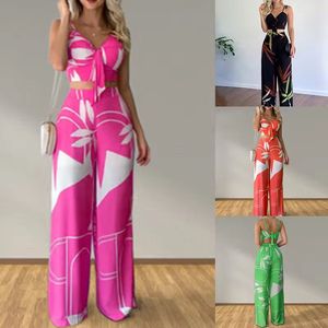 Este conjunto de verano de estilo europeo y americano presenta un elegante chaleco con cuello en V y pantalones anchos estampados de cintura alta. - Product Image 5
