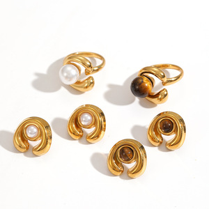 Geometric <b>Gold</b> Tone <b>Ring</b> And Earrings <b>Set</b> With Pearl And Amber Inlay Stainless Steel Jewelry Gift For Women - Product Image 3