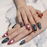 Faux ongles à presser noirs et rouges, motif cercueil, peints à la main, avec rose blanche, papillon, coquillage et perle, en acrylique de taille moyenne, 10 pièces, vente en gros et pour clients