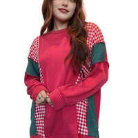 Sudadera de pana con bloques de color navideños para mujer, con retazos de guinga roja, cuello redondo, manga larga, estilo casual, con logotipo personalizado