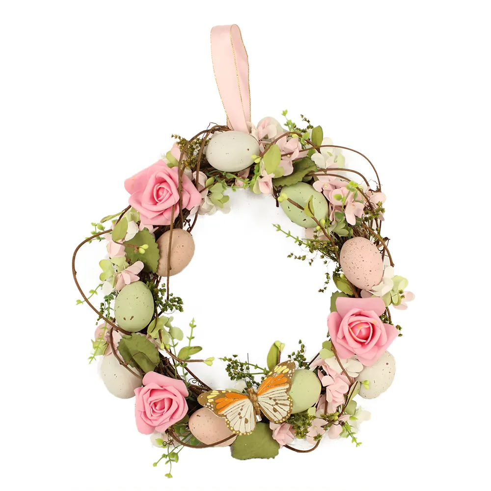 Latest Design Pink Flower Mixed Eggs Easter Wreaths Butterfly Decorated Wreath Hanging Decor