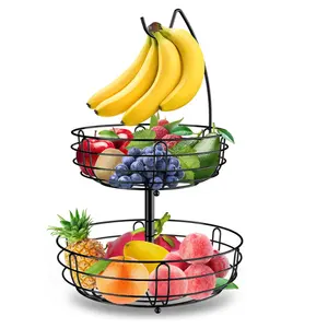 Mingtang Metal Wire Fruit Bowl 2-Tier Fruit Basket with Banana Hange