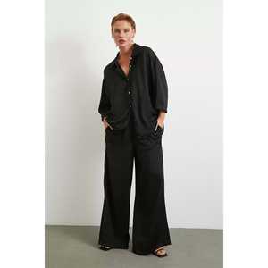 Pantalones Elegantes de Pierna Ancha, Negros, de Satén, Cintura Alta, Fluidos, para Mujer, Tela Transpirable - Product Image 6