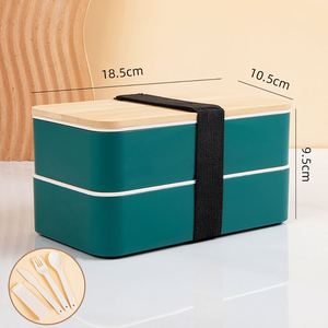 Boîte à bento personnalisée à double couche en PP avec couvercle en bois, couvercle réutilisable en bambou, boîtes à lunch en plastique à double couche avec couverts - Product Image 2