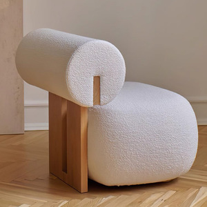 Poltrona Singola Multifunzionale in Legno Massello Stile Crema, Design Wabi-sabi Mid-Century Moderno, con Schienale Imbottito in Lana d'Agnello per Soggiorno - Product Image 3