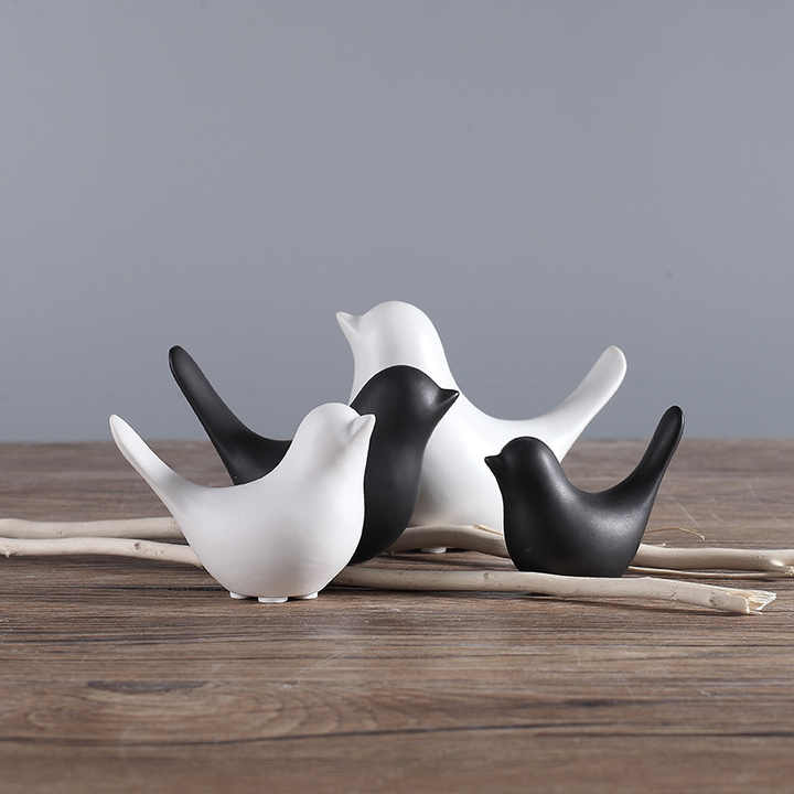 Custom Nordic Small Ornaments Home Decoration Animal Figurines Porcelain Statues Craft Dekoration Black and White Ceramic Bird