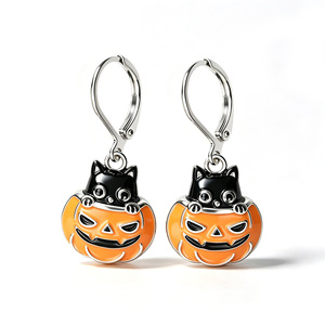 Orecchini pendenti a forma di gatto e zucca di Halloween per donna, gioielli alla moda in stile fatato - Product Image 1