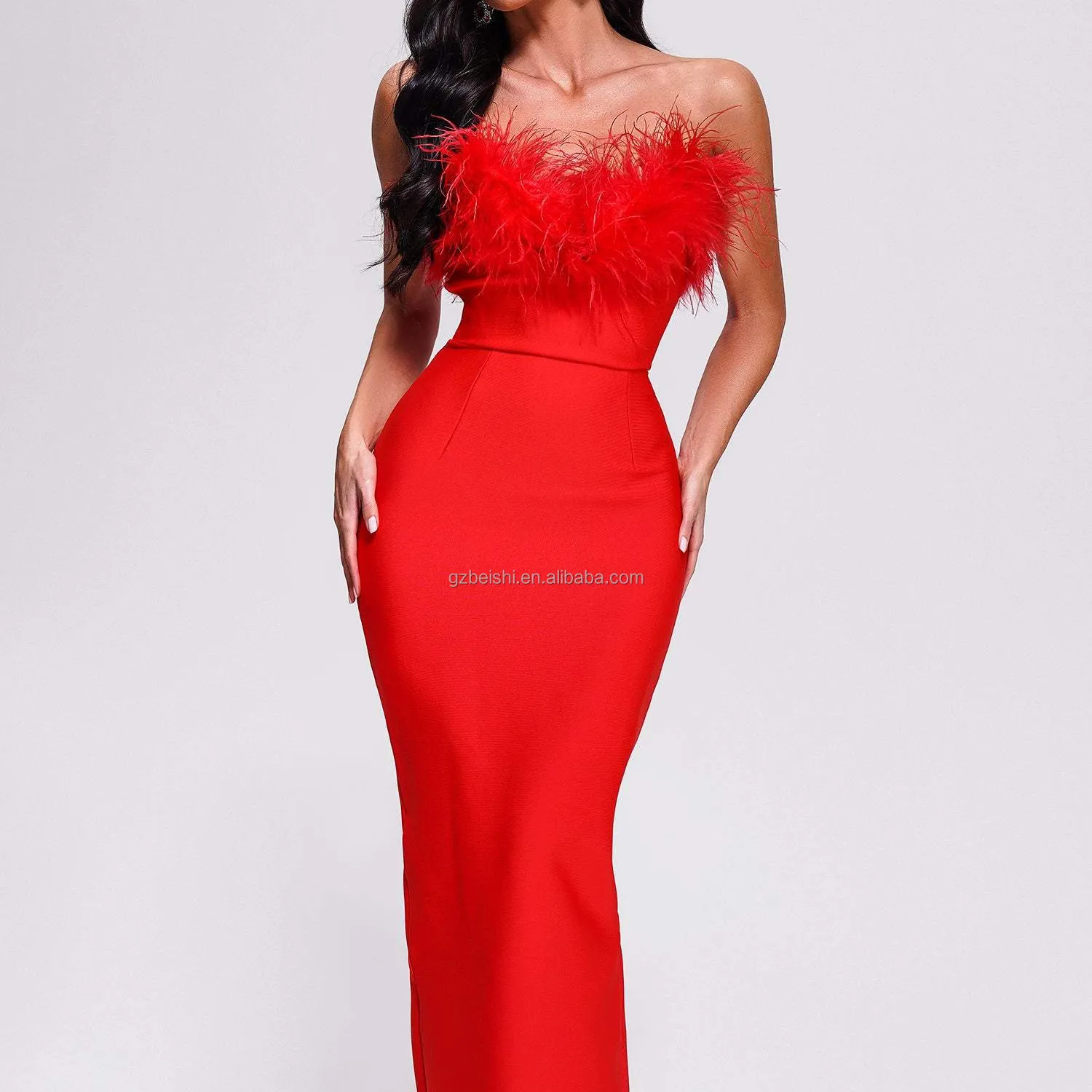 BEISHI Strapless Off Shoulder Feather Red Maxi Bdange Cocktail Bodycon Dresses Women Party Evening Lady Elegant