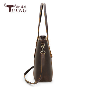 Tiding Genuine Leather Women's Tote Bag Large Capacity Shoulder Bag Dark Brown Top Layer Cowhide Horizontal <b>Square</b> Zipper - Product Image 2