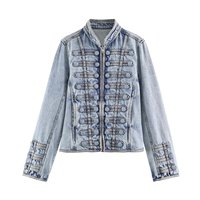 Veste en jean ajustée pour femme, style hussarde, avec fermeture boutonnée, couleur unie