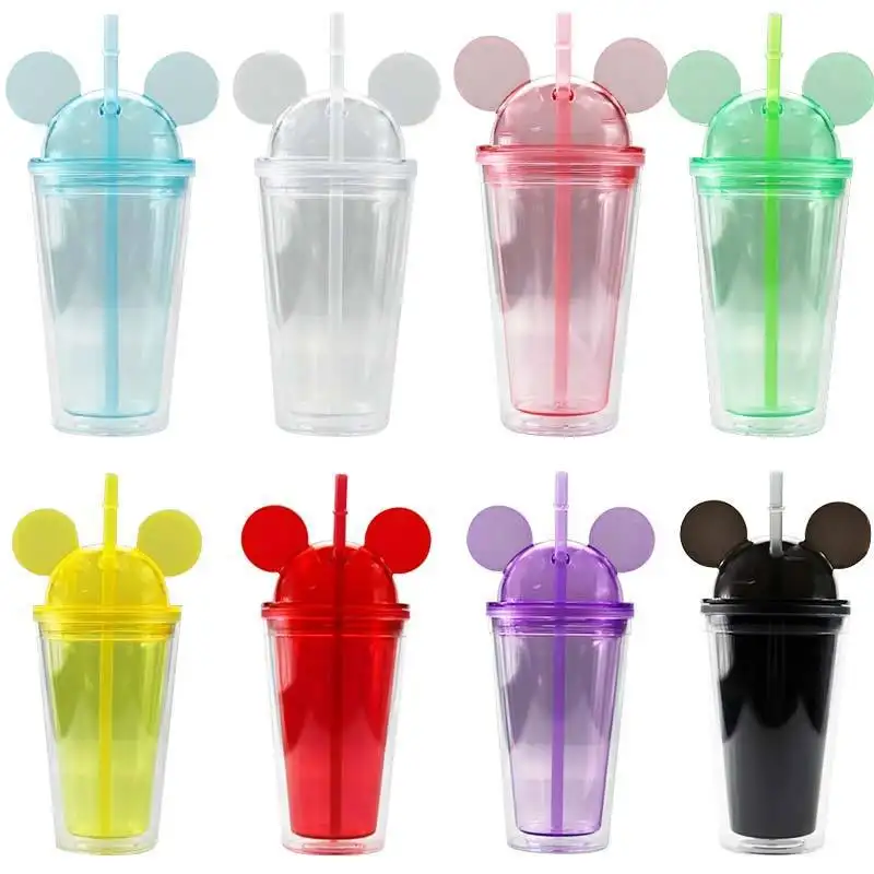 New Style 16oz Double Wall Acrylic Mickey Mouses Ear Tumbler with Straw
