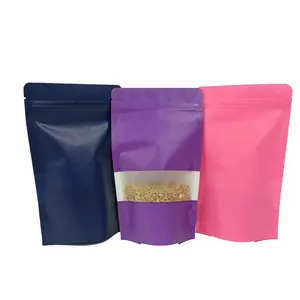 स्टॉक में और कस्टम Resealable जिपर रंगीन खड़े हो जाओ खाद्य पैकेजिंग रंगीन स्पष्ट खिड़की के साथ क्राफ्ट पेपर पाउच बैग