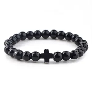 Catholic 6mm Black Glass Beads with Hematite Cross Religious Women Bracelet