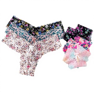 Culotte string taille basse respirante en nylon et coton tricoté à motif floral imprimé en dentelle pour jeunes femmes, style pur et séduisant - Product Image 1