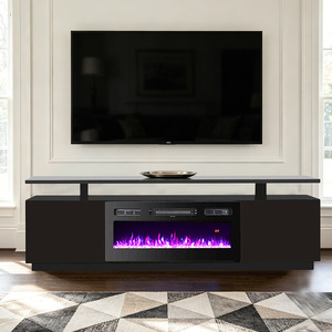 Support TV personnalisé avec <span class=keywords><strong>foyer</strong></span> électrique à flammes artificielles noires et chauffage intégré pour salon - Product Image 1