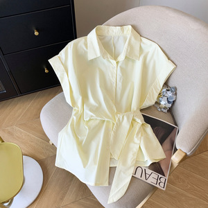 Phong Cách 2622 2207 Thiết Kế Mới Ve Áo Ren-up Nút Xuống Áo Sơ Mi Giản Dị Ngắn Tay Hàng Đầu Cho Mùa Hè Văn Phòng Mặc Cổ Điển Dệt - Product Image 3