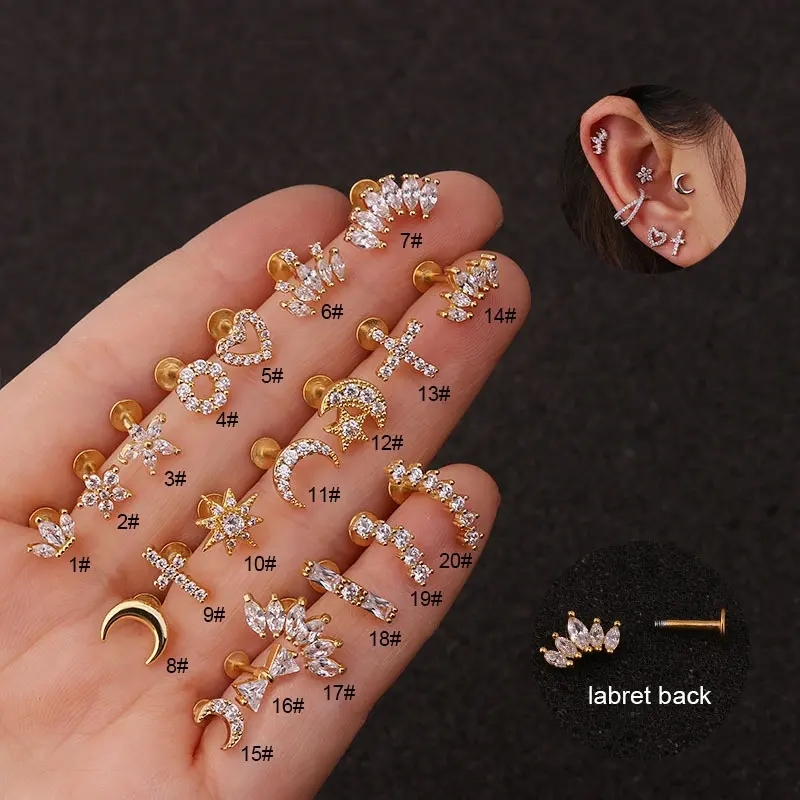 Geometrische T-förmige Ohrringe Edelstahl Krone Kristall Ohr Knochen Ohr stecker Piercing Ohrring Körper Gewinde Labret Schmuck für Frauen