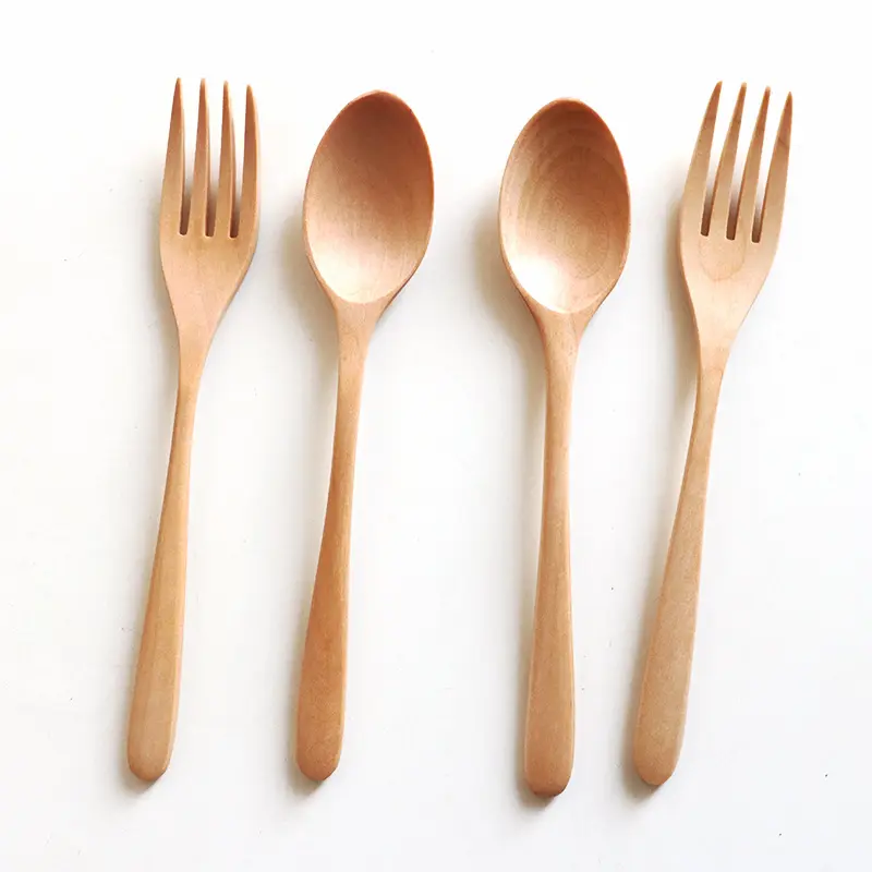 Set di forchette e cucchiai in legno fatti a mano di cucchiaio e forchetta per bambini in legno massello