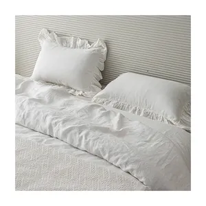 LZ flax linen bed set stonewashed 100% linen pillow cases duvet cover white ruffled french linen bedding