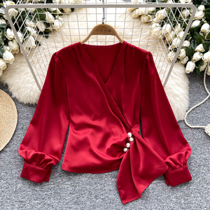Design Sense V-Neck Nail <strong>Bead</strong> Pleated Long Sleeve Satin <strong>Top</strong> Women'S Chic <strong>Tops</strong> for Women Casual Blouses - Product Image 2