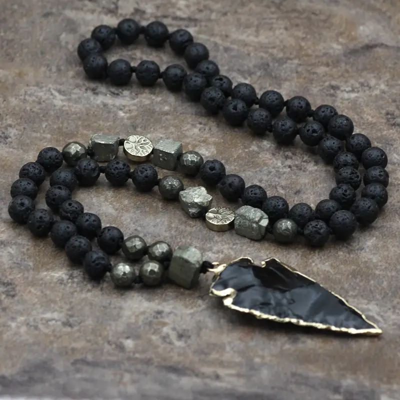 Yoga Mala Beaded Black 8mm Natural Lava Rock Stone Bead Agate Arrow Pendant Necklace For Men