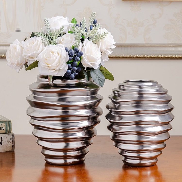 Modern living room creative flower arrangement craft decoration spiral gold and silver ceramic vase