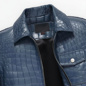 Veste en cuir à motif crocodile bleu Unisexe Fermeture éclair intégrale Col rond Imperméable Écologique Look tendance d'hiver - Product Image 1