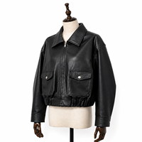 Jaket Bomber Wanita Kulit Nappa Asli Hitam, Pendek, Kasual, Anti Angin, Polos, Berwarna, Model Zip-Up, Saku Lipat