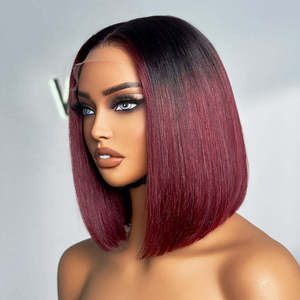 Perruque Courte Droite Bob Africaine 4x4 HD la Plus Vendue avec Longue Frange, Couleur Noire Dégradée, Fibre Haute Température pour Femmes Noires – En Stock - Product Image 3