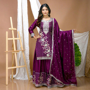 Ensemble Sharara pour femme en chinon entièrement cousu avec broderie de sequins et travail multi-fils, kurta et dupatta assortis - Product Image 1