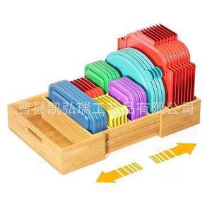 Boîte de rangement extensible en bambou avec séparateurs ajustables, couvercle de rangement en plastique, support pour couvercles de casseroles sur plan de travail de cuisine. - Product Image 1