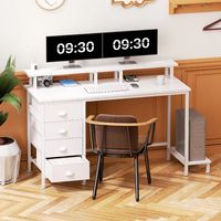 Bureau à domicile avec éclairage LED, étagère complète pour moniteur, table d'étude d'apprentissage blanche minimaliste avec 4 tiroirs en tissu